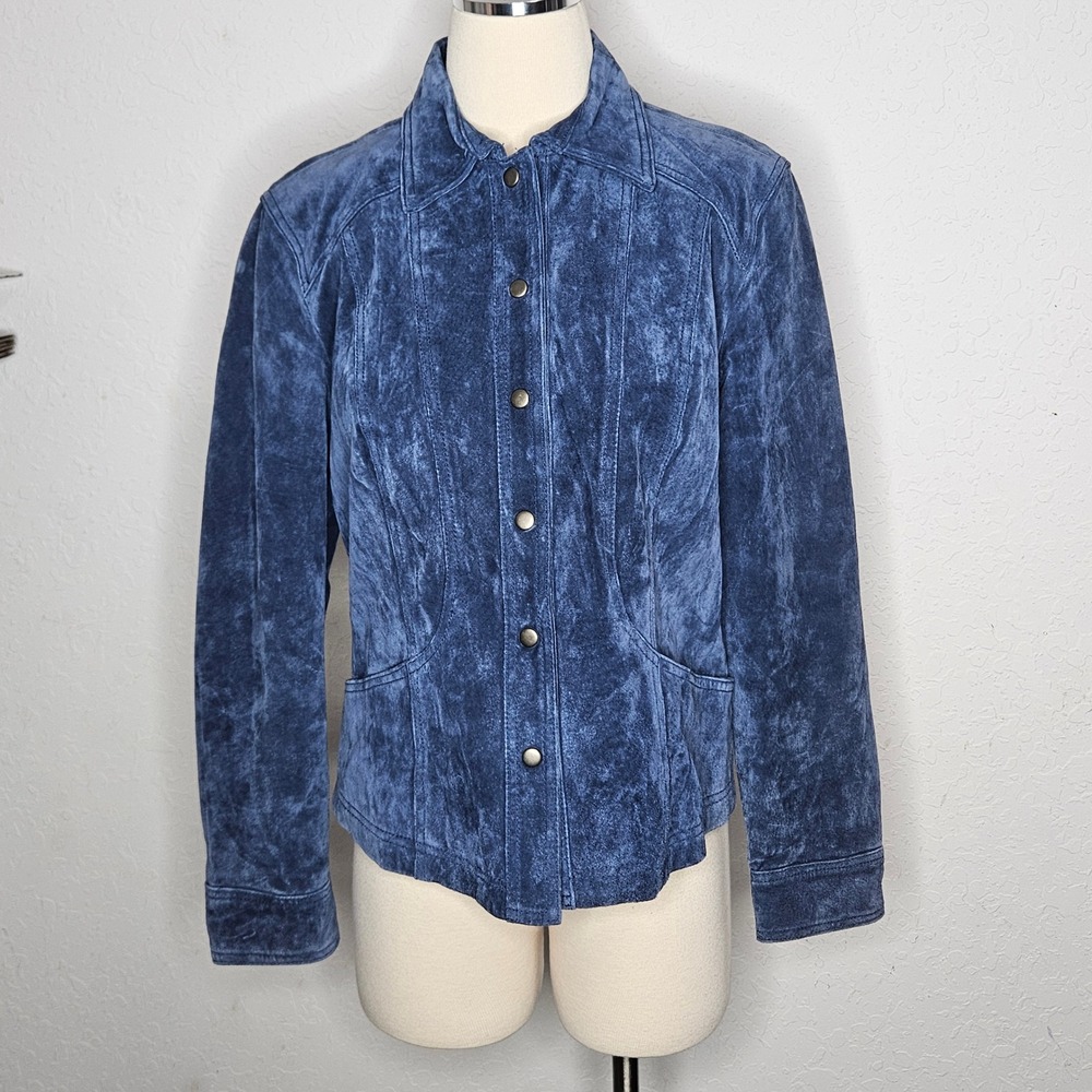 Coldwater Creek PM Blue Suede Leather Snap Jacket Y2K Petite Medium Vintage